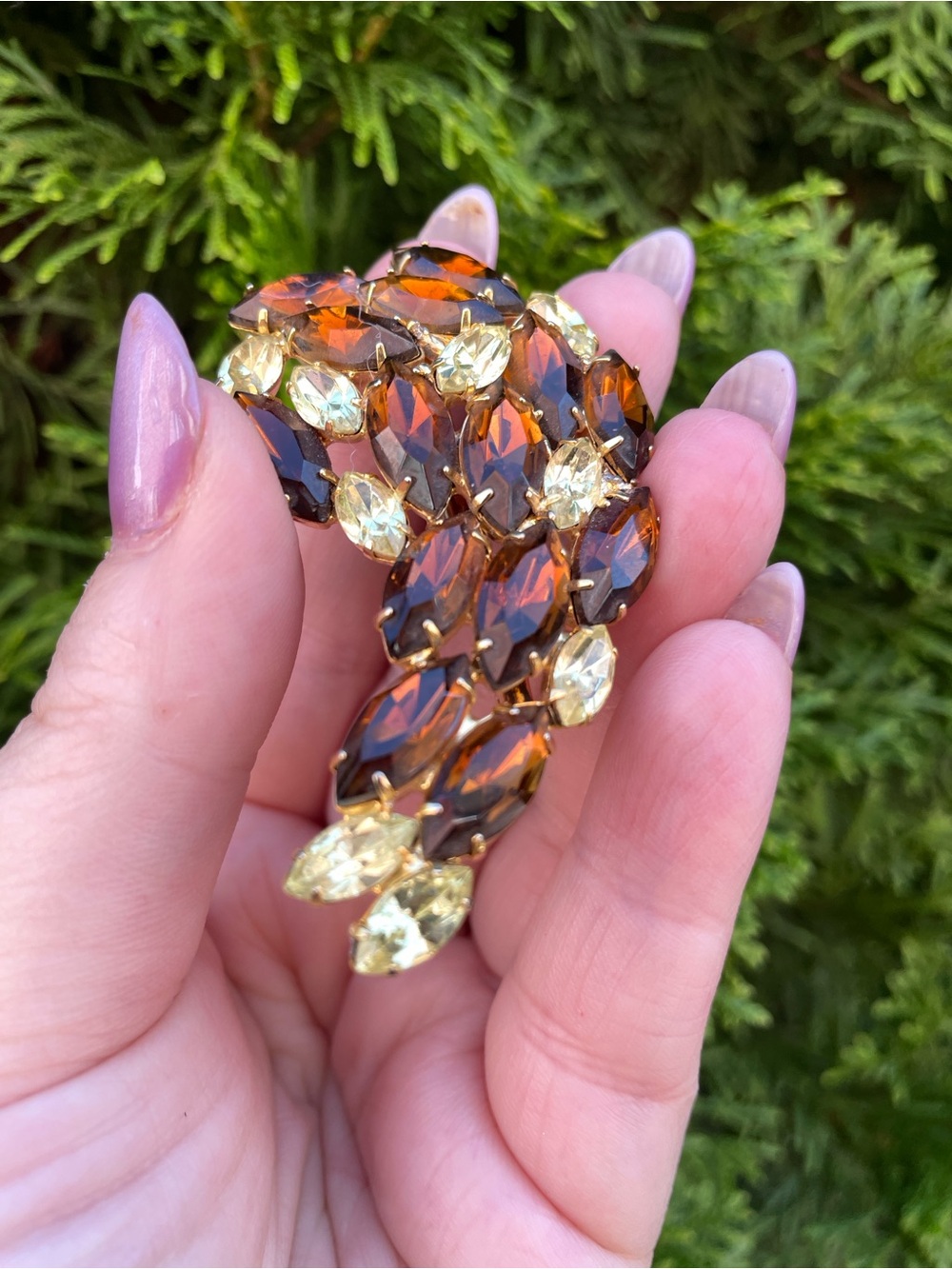 Vintage Gold-Tone Brown and Light Yellow Marquise Crystal Brooch